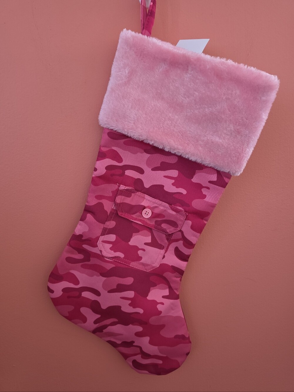 NWT Pink Camouflage 20.5" Christmas Stocking Functional Front Button Pocket